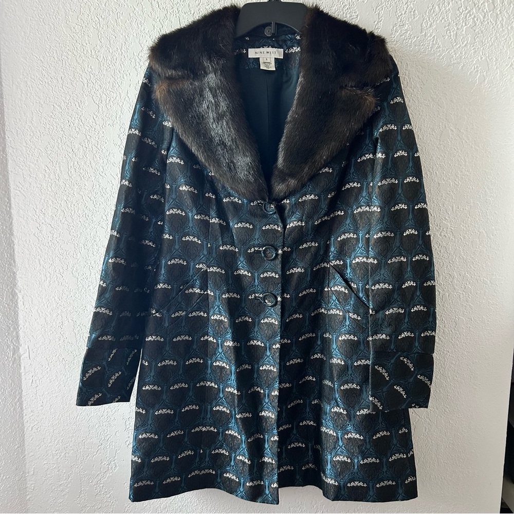 VTG Nine West Geometric Button down Coat Midnight Blue Removable Faux Fur Small